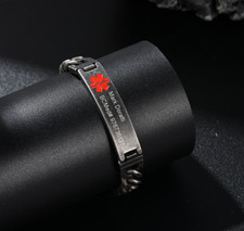 Custom Engraved Retro Stainless Steel Men's Medical ID Bracelet Black Chain