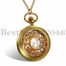 Retro Hollow Roman Numeral Dial Quartz Analog Pocket Watch Pendant Necklace Gold