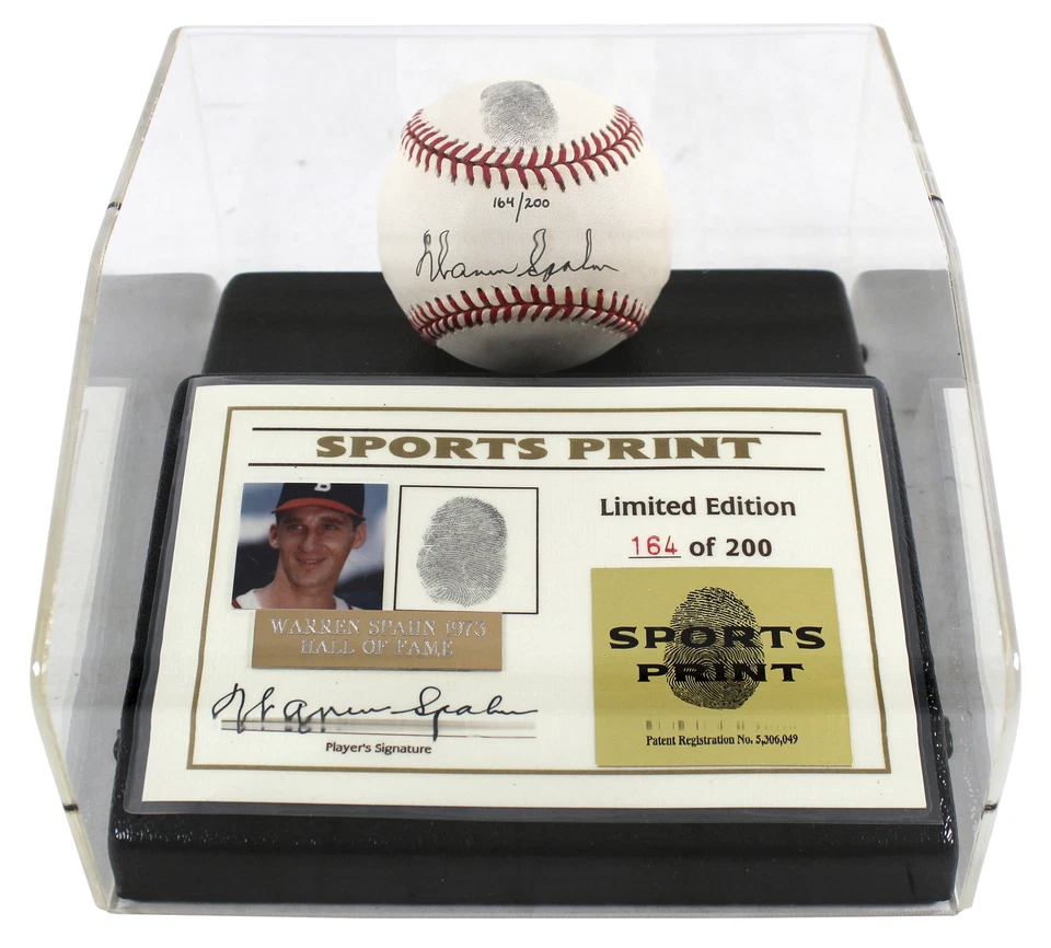 Braves Warren Spahn Signed Thumbprint Baseball LE #'d/200 w/ Display Case BAS - Image 3 of 4
