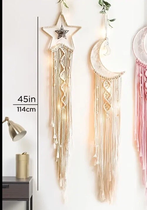 Nuevo Macramé Conjunto de Luna y Estrella Decoración de Pared con Luces Arte Boho Shabby Chic Foto 4 de 4