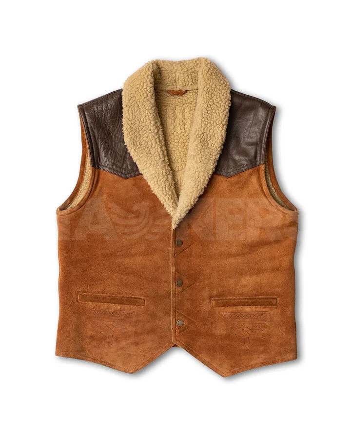 Men's Brown Real Suede Leather Cow Boy Vest ,Party Vest , Real Fur Vest