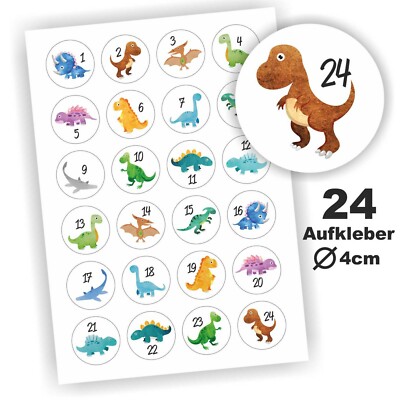 24 Aufkleber 1-24 Advent Adventskalender Zahlen Weihnachten Sticker Dinosaurier