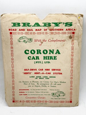 VINTAGE BRADYS ROAD AND RAIL MAP OF SOUTHERN AFRICA CORONA CAR HIRE ADVERTISING
