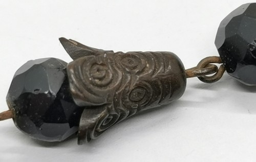 Vtg c1900 Steel Bead, Carved Wood & Black Jet Mourning Pocket Watch Albert Chain - Picture 6 of 12