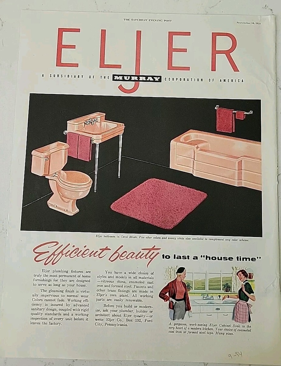 1954 Eljer coral blush pink bathtub sink toilet bathroom design 