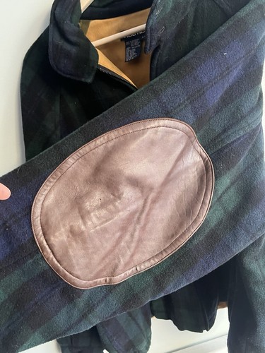 Vintage Nautica Wool Jacket Mens Large Black watch plaid Elbow Patches Leather - Picture 4 of 6