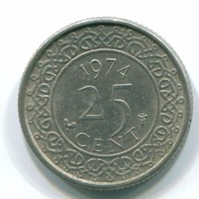 25 CENTS 1974 SURINAME Netherlands Nickel Colonial Coin #S11239C