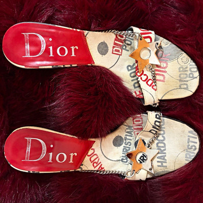 Dior Logo Canvas Mule Slip-On Open Toe Chain Star Charm Beige/Red US 5.5