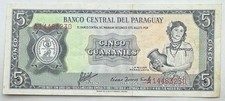 1952 Paraguay 5 Guaranies Note - Cinco Guaranies Bank Note - Free Shipping