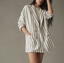 PILCRO Striped Linen Blend Dolman Sleeve Double Breasted Blazer White Gray Large