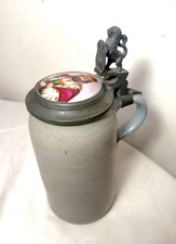 Antique 1Ltr. early 1800's German pottery pewter lidded beer stein mug tankard