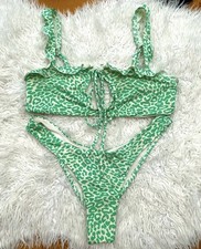 Frankie’s Green Leopard Print High Leg Brazilian Bikini Set Size M