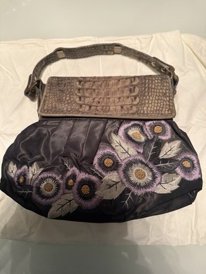 Maddalena Marconi Black Purple Floral Embroidered Shoulder Bag Brown Strap