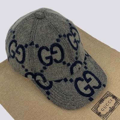 Gucci GG Monogram Jumbo Wool Canvas Baseball Cap Hat Gray Size M