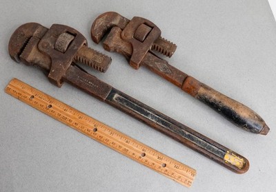 2 Vintage Steel Pipe Wrenches~ Walworth, Trimont Boston MASS USA Set Pair