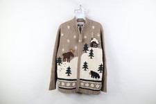 Vtg 90s Streetwear Womens M Angora Knit Christmas Cabin Zip Cardigan Sweater