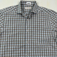 Ermenegildo Zegna Spread Collar Shirt Men Medium Blue Brown Plaid Cotton Dress