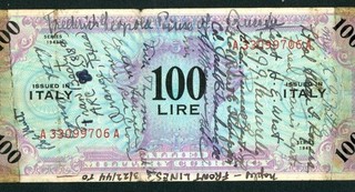 1943 100 LIRE Italy Military Payment Certificate SHORT SNORTER CURRENCY