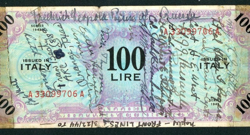 1943 100 LIRE Italy Military Payment Certificate ** SHORT SNORTER ** CURRENCY