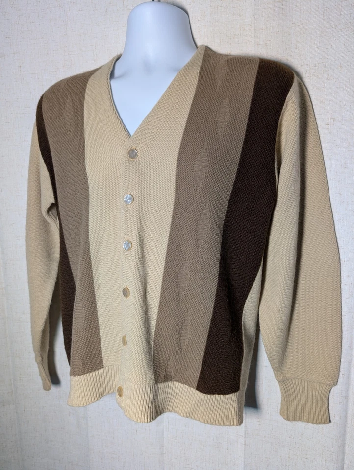Cárdigan Vintage Jack Nicklaus por Revere Mazet 100% Orlon Acrílico M Rayas Marrón Foto 3 de 4