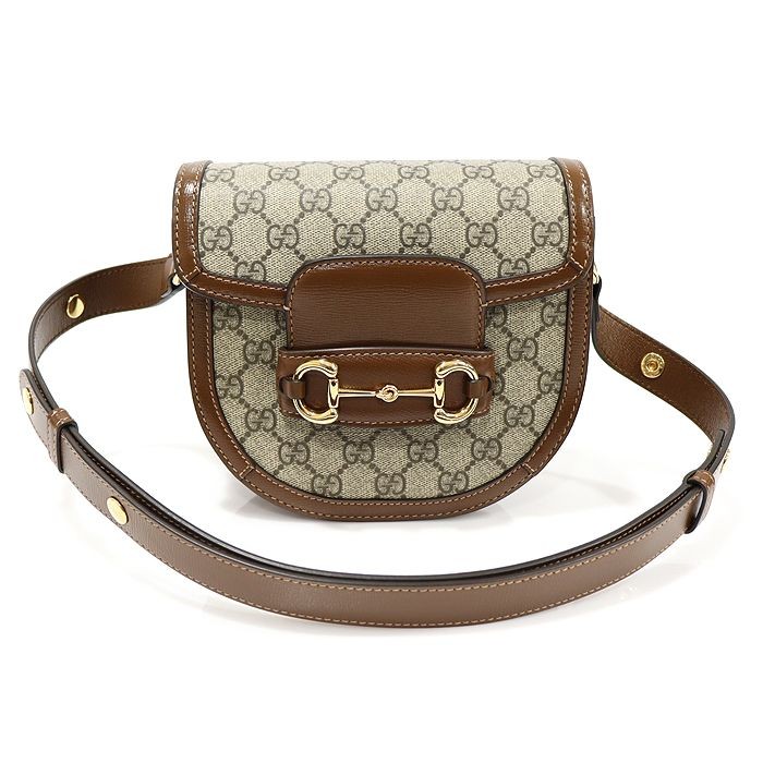 ★GUCCI★ 760191 ショルダーバッグ GG Supreme Canvas Brown Leather Horsebit 1955 Round Mini