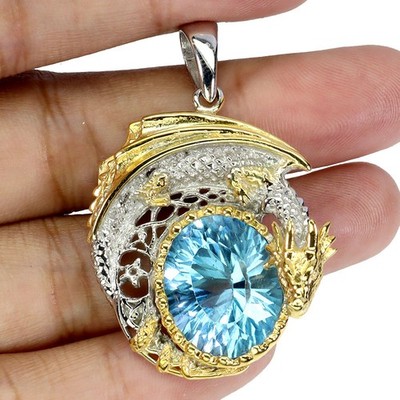 Gemsporium Anhänger Oval Blauer Topas 925 Silber Handgefertigt 15.8ct