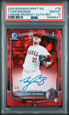 Tyler Bremner Bowman Draft 2025 Sapphire Red Prospect Auto /5 LA Angels PSA 10