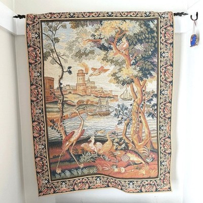Vintage French Tapestry Au Bord de la Mer Goblys Medieval Coastal 44x34