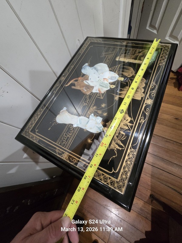 RARE Antique Vtg CHINESE Lacquer TILT TABLE Mother of Pearl  Landscape Geisha