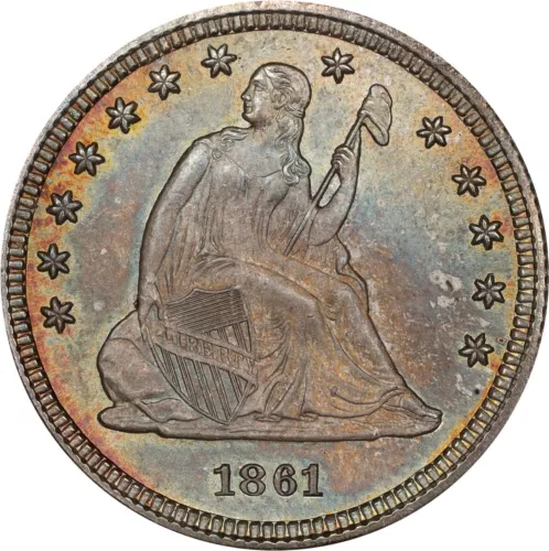 1861 No Motto Seated Liberty Quarter 25C NGC MS68 GEM. beautifully toned cros...