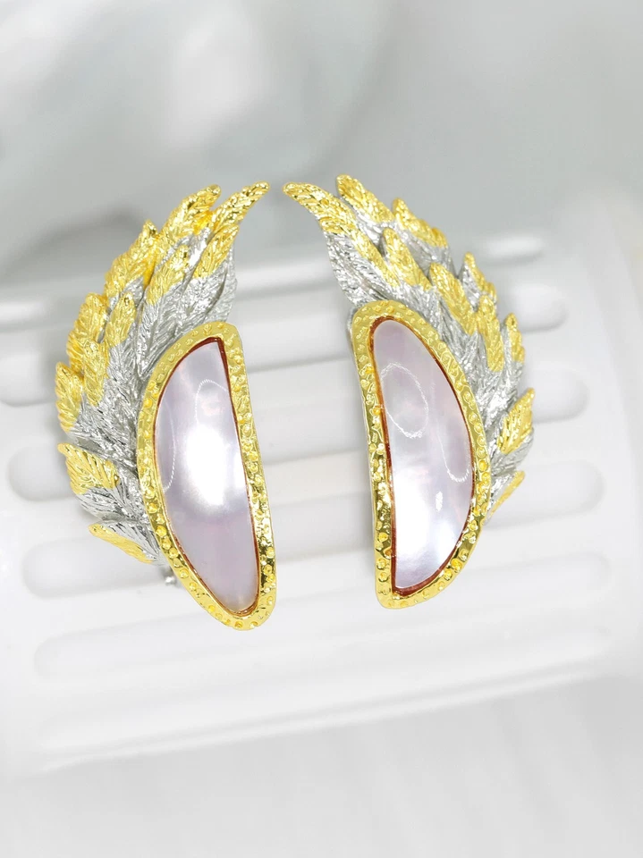 S925 Silver Italian Craft Mabe Pearl Feather  Earrings ,Gold-Plated - Image 3 of 4