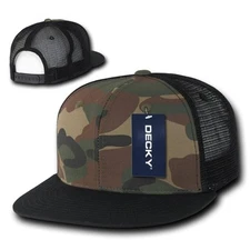 Black & Forest Camouflage Woodland Camo Flat Bill Mesh Snapback Trucker Cap Hat