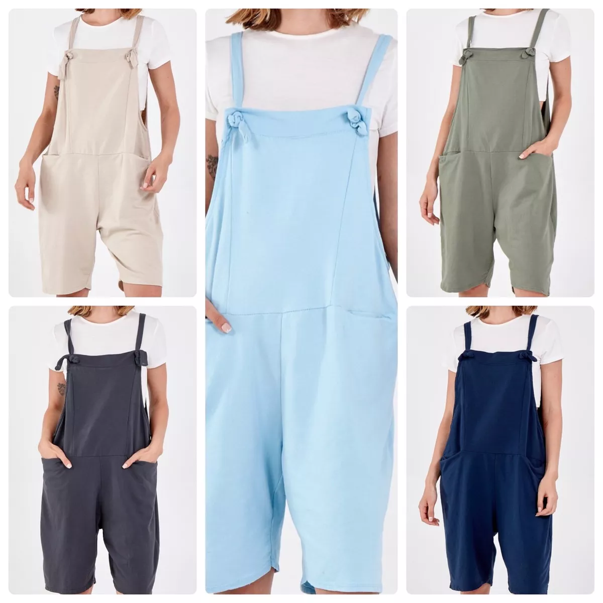 New Ladies Womens Plain Short Jersey Dungarees Playsuit One Size (8-16) BNWT