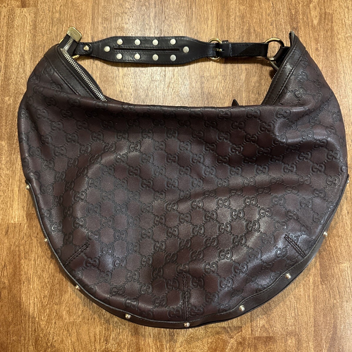 Gucci Guccissima Biba Brown Embossed GG Leather Studded Hobo Gucci Guccissima Biba Brown Embossed GG Leather Studded Hobo
