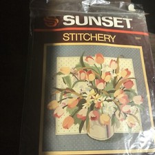 Vtg Sunset Stitchery Tulip Bouquet 2301 Needlepoint Kit 16  x 16  Sealed 1985