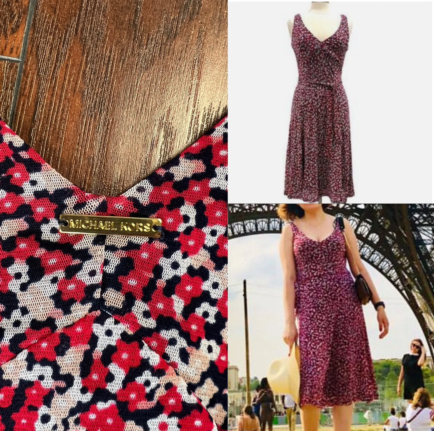 Abito da donna Michael Kors rosso bianco navy blu floreale rete collo a V midi taglia P M