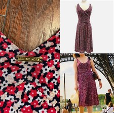 Women’s Michael Kors Red White Navy Blue Floral Mesh V-Neck Midi Dress Size P/M