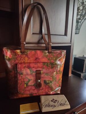 Patricia Nash Juliette Leather Tote Shoulder Bag Floral Oil Painting Zip Top