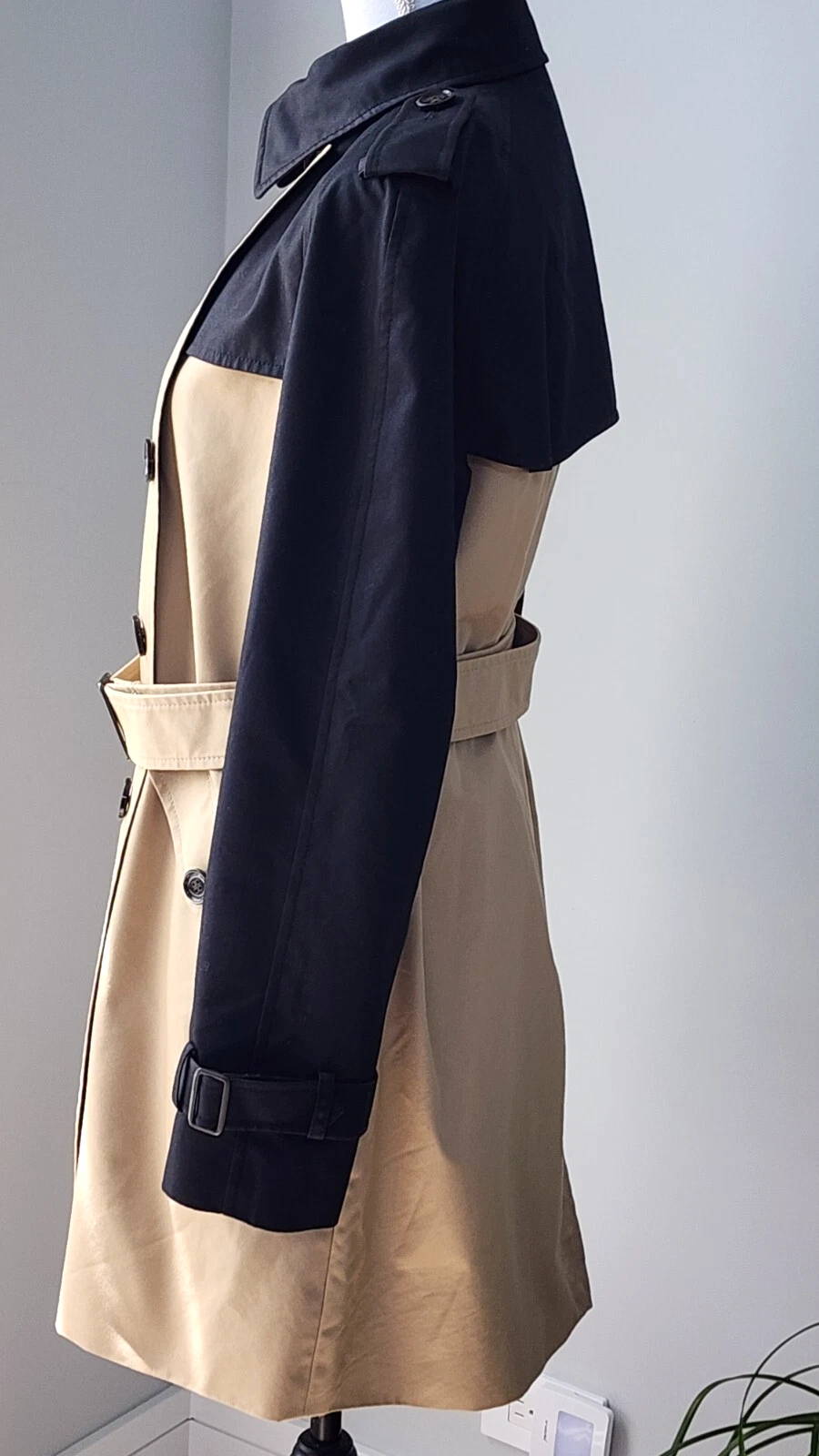 Coach M Colorblock Trench Coat Moderno Doppiopetto Cintura Nero Beige