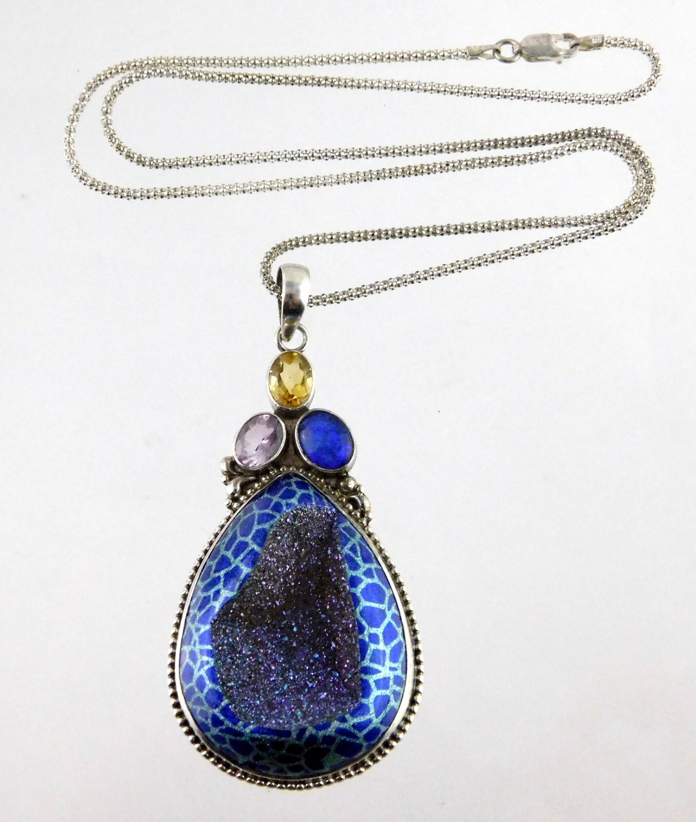 Sterling Silver Statement Druzy Stone Pendant Nec… - image 1