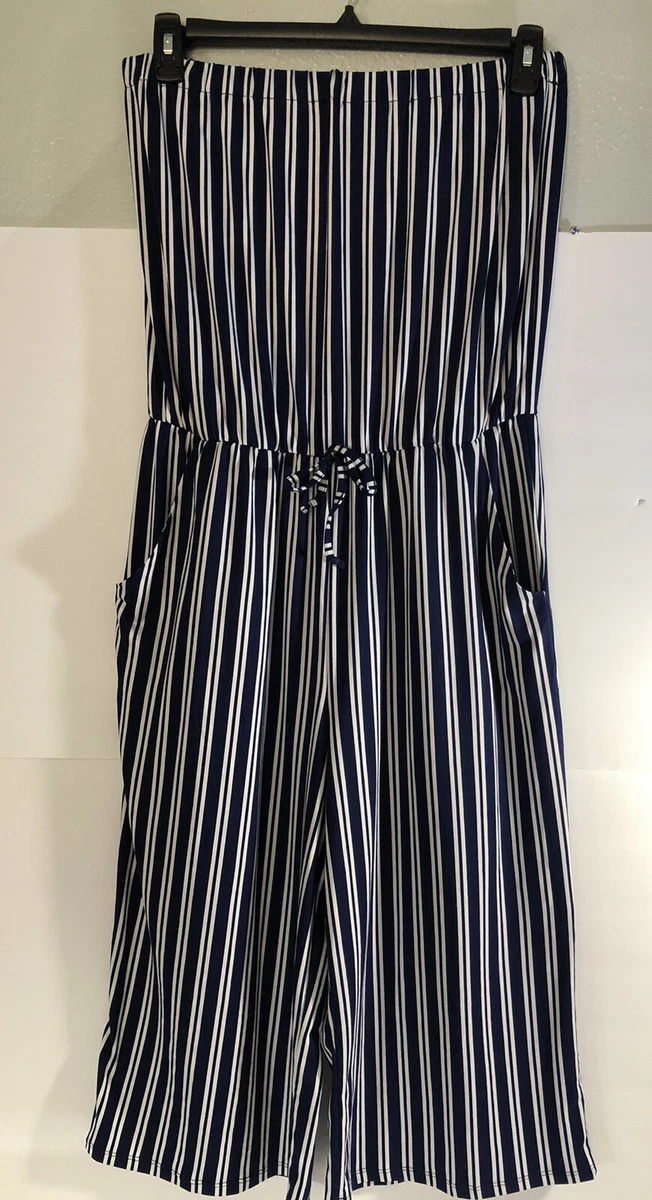 Tacera Jumpsuit Womens L Blue White Striped Sleeveless One Piece with pockets