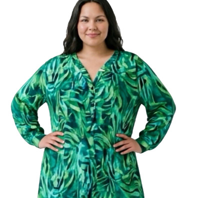 Catherine's Sz 4X 30/32W Tropical Resort Green Teal Artsy Asymmetrical Tunic