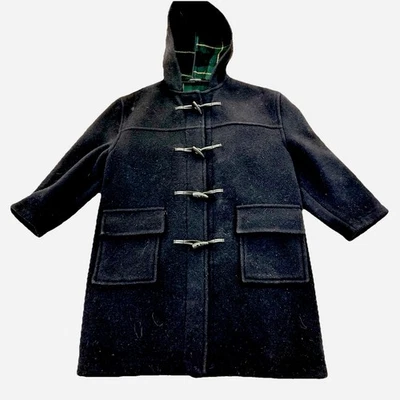 Vtg. Burberrys Duffle Wool Coat Black, Green Plaid Lining , Hood Sz XS  England