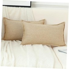 Set of Neutral Linen Lumbar Pillow Covers 1x0 Inch 20" x 12" Pack of 2 2 Tan