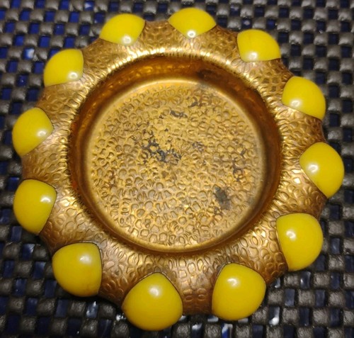 Fisher Vintage Brass Jewel Tray Yellow Marbles Rare