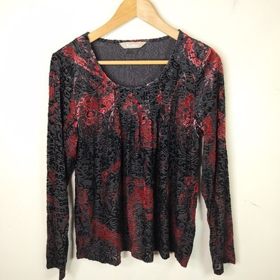 TanJay Womens Top Medium Red Black Velvet Burnout Dark Romantic Whimsigoth
