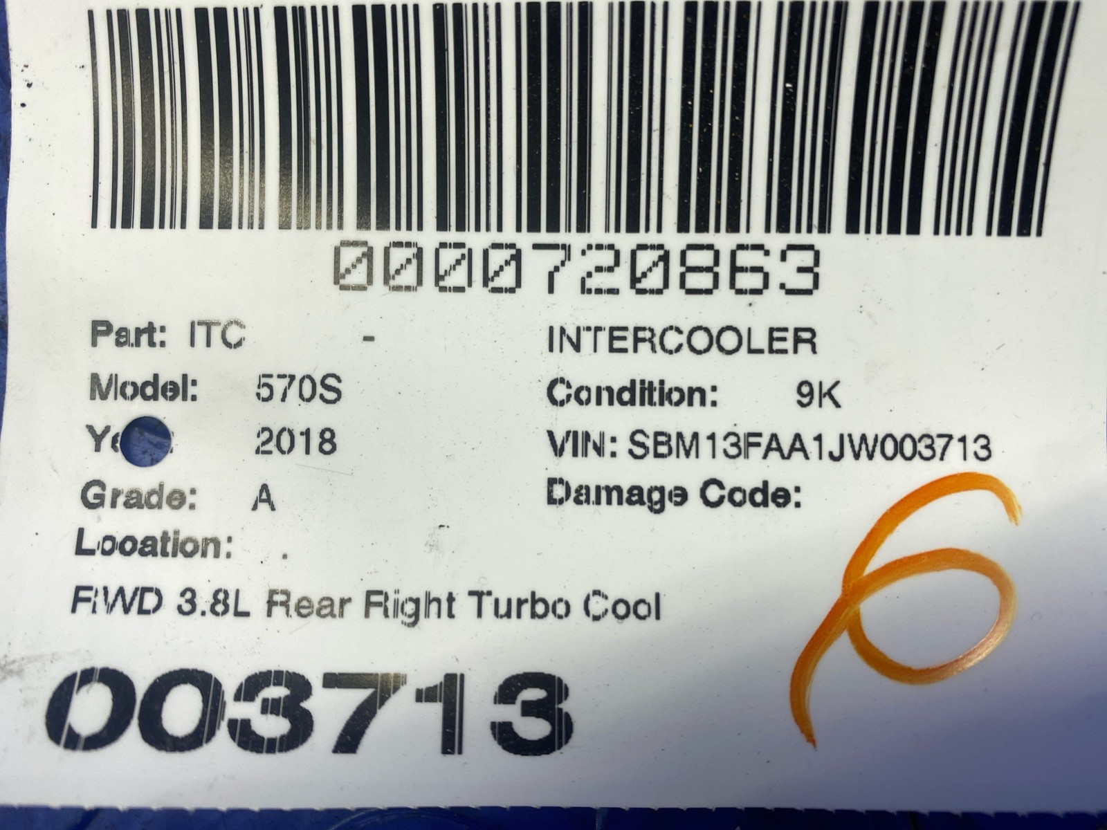 2016-2021 Mclaren 570s RWD 3.8L Rear Right Turbo Cooling Coolant Intercooler oem