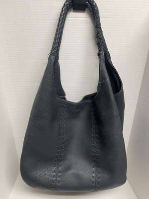 VTG Fatto a Mano By Carlos Falchi Black Pebbled Leather Stitch Shoulder Handbag