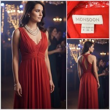 MONSOON Women's Long Red Laced Sheer Occasion Dress UK 8 EUR 36 US 4