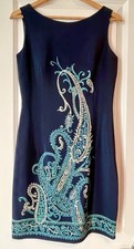 Giorgiou Vintage Midnight Blue Paisley 100% Premium Silk Rnd Neck Dress Size 2
